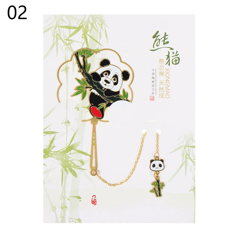 Marque-page panda en métal style chinois – Éventail rétro doré