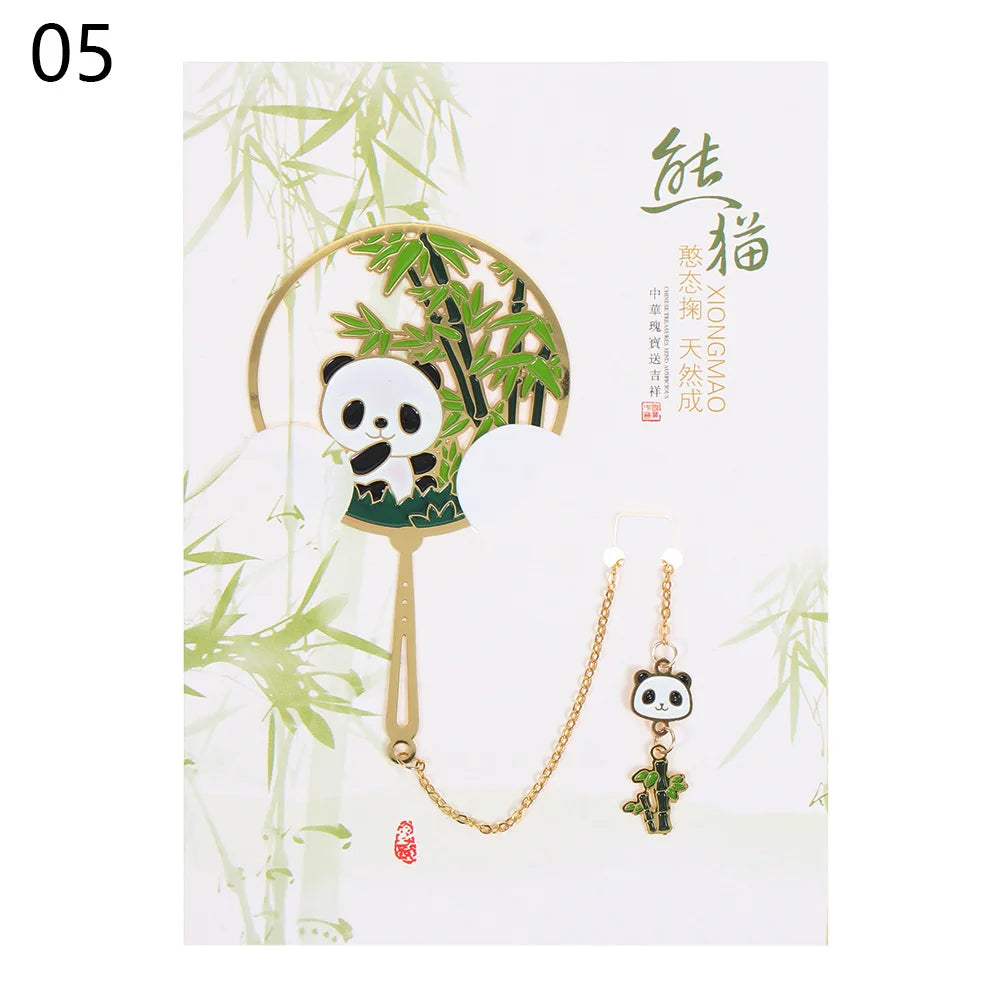 Marque-page panda en métal style chinois – Éventail rétro doré