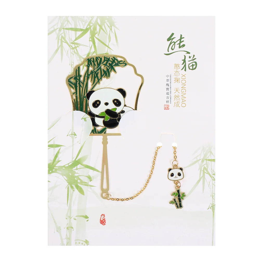 Marque-page panda en métal style chinois – Éventail rétro doré