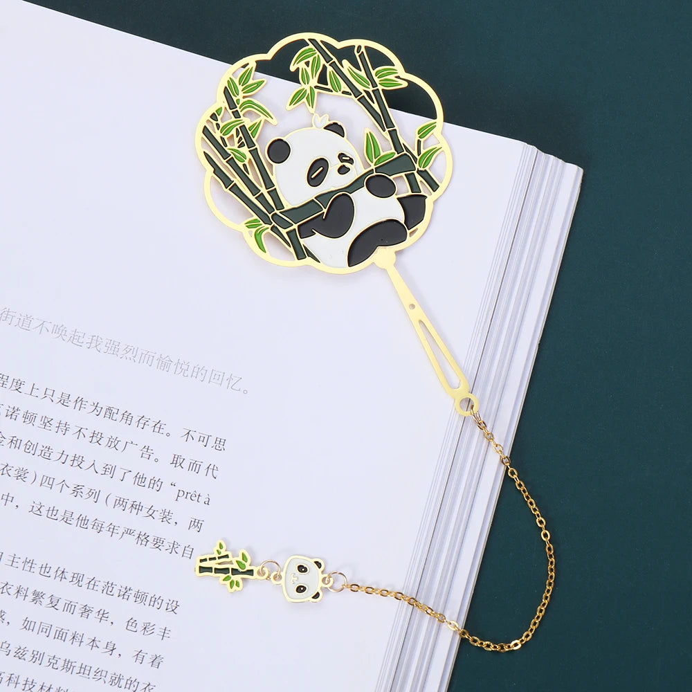 Marque-page panda en métal style chinois – Éventail rétro doré