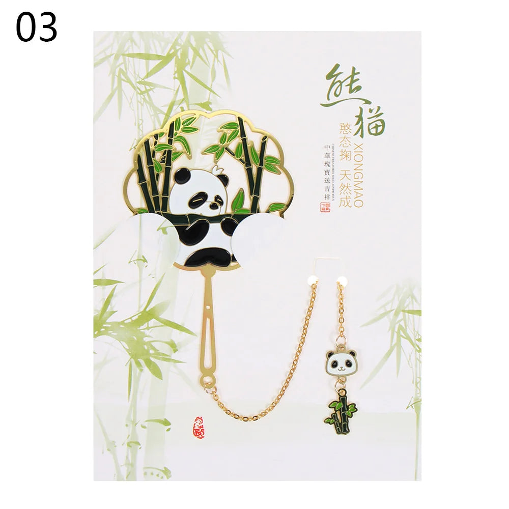 Marque-page panda en métal style chinois – Éventail rétro doré