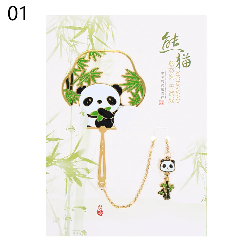Marque-page panda en métal style chinois – Éventail rétro doré