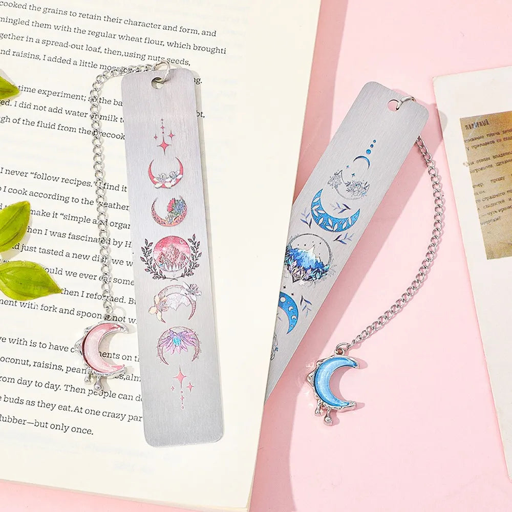 Marque-page phases de lune en acier – Pendentif croissant & chaîne