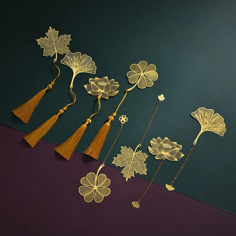 Marque-page feuille en métal style chinois – Ginkgo, érable ou lotus